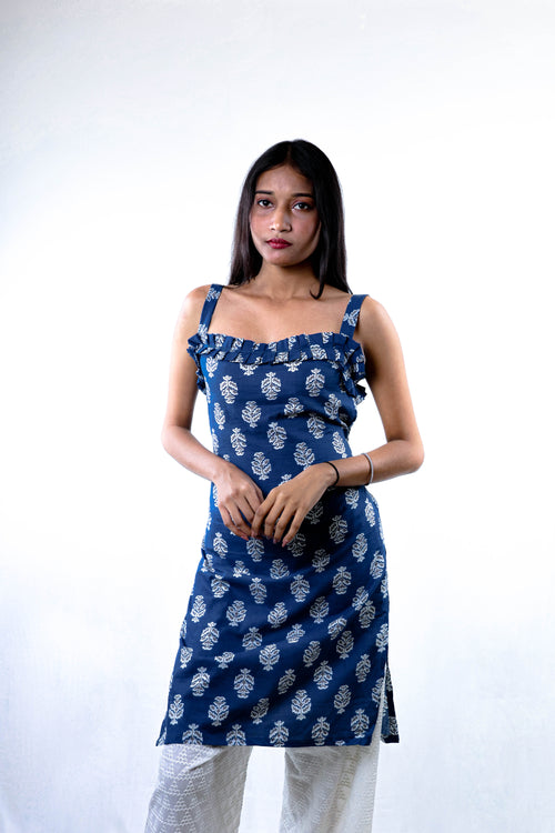 "Indigo Floral Handblock  Print Sleeveless Kurti With Ruffle Neck"