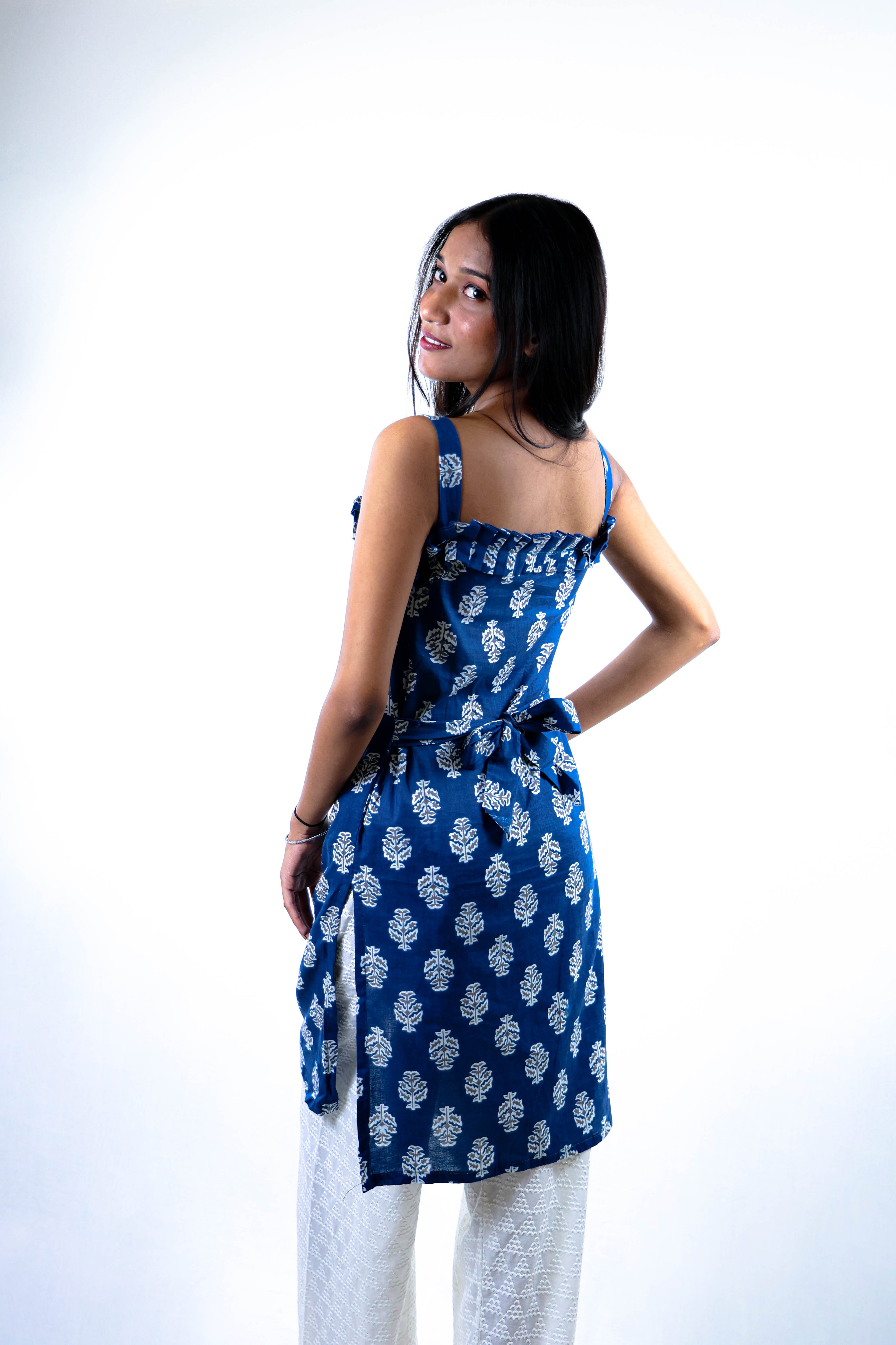 "Indigo Floral Handblock  Print Sleeveless Kurti With Ruffle Neck"