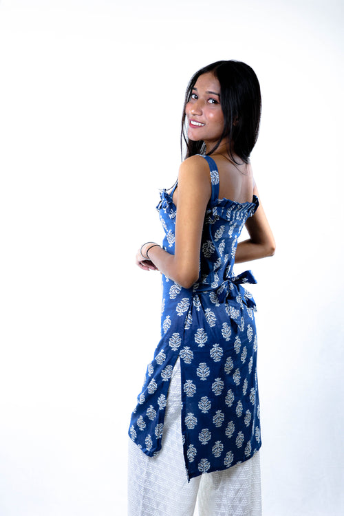 "Indigo Floral Handblock  Print Sleeveless Kurti With Ruffle Neck"