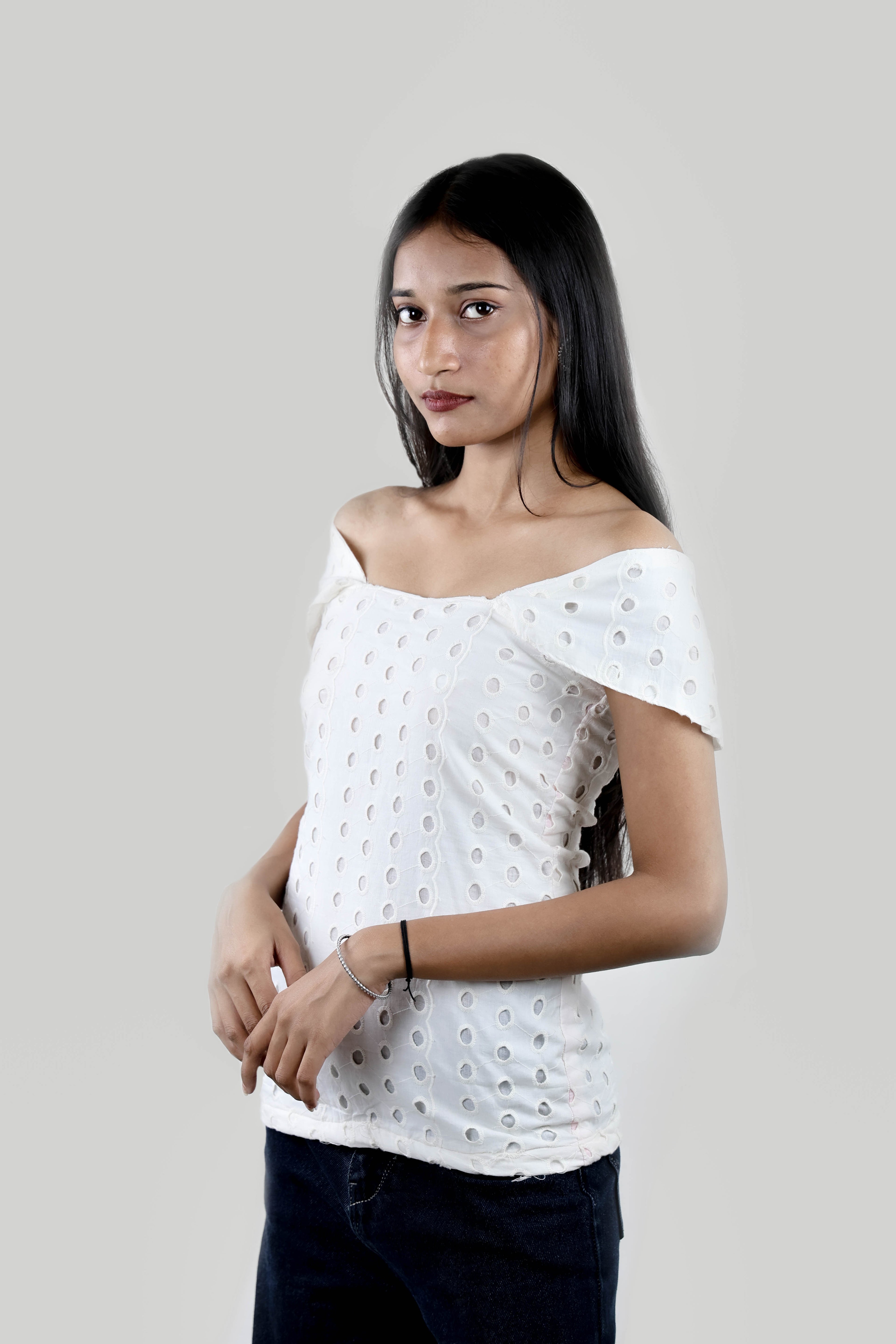 White Chic Off-Shoulder Eyelet Top”