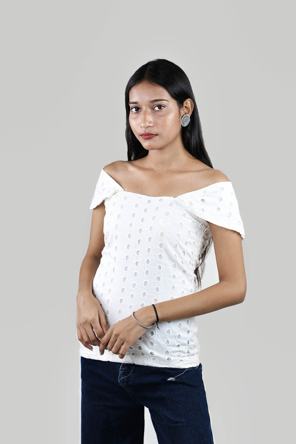 White Chic Off-Shoulder Eyelet Top”