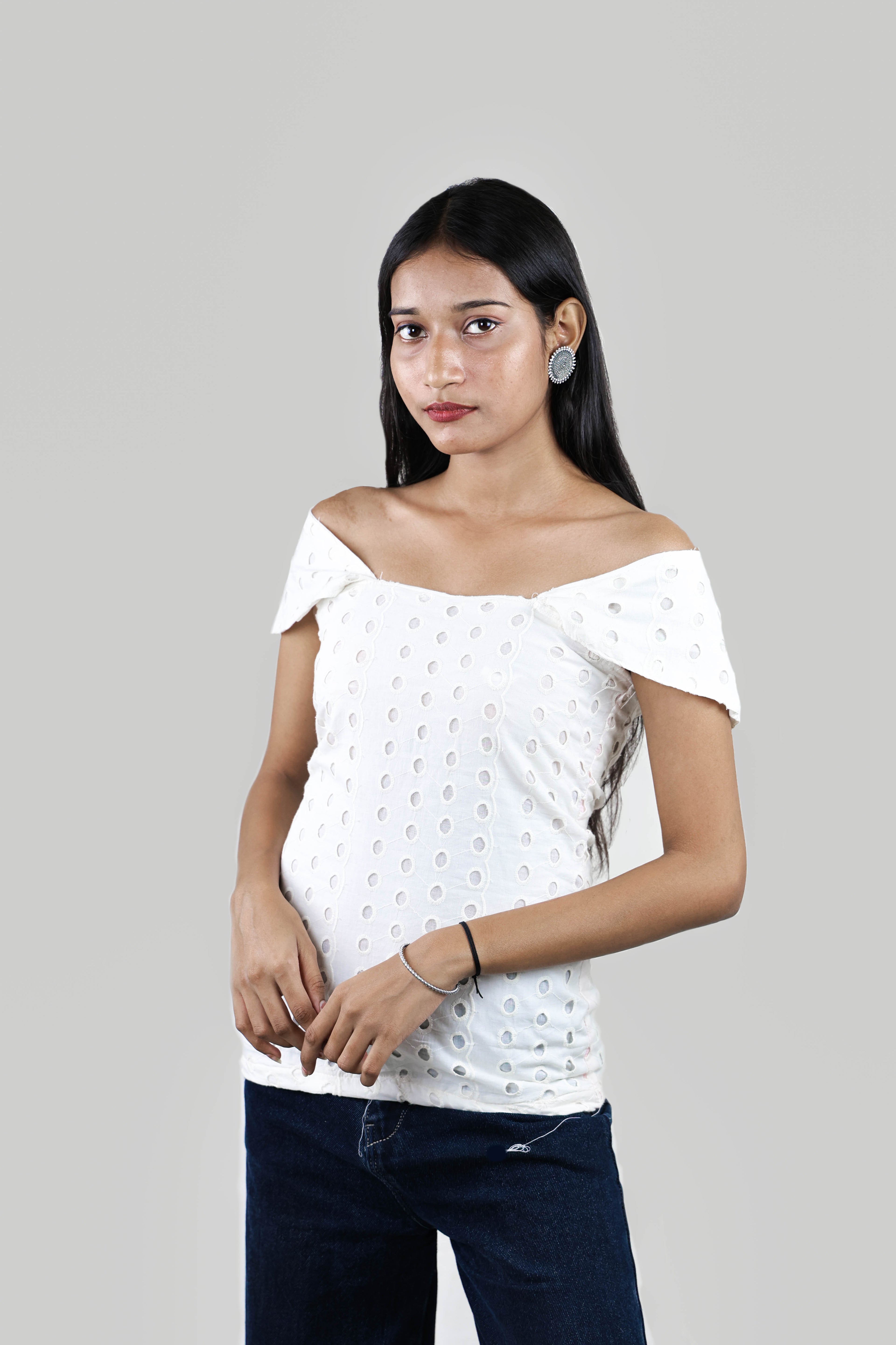White Chic Off-Shoulder Eyelet Top”