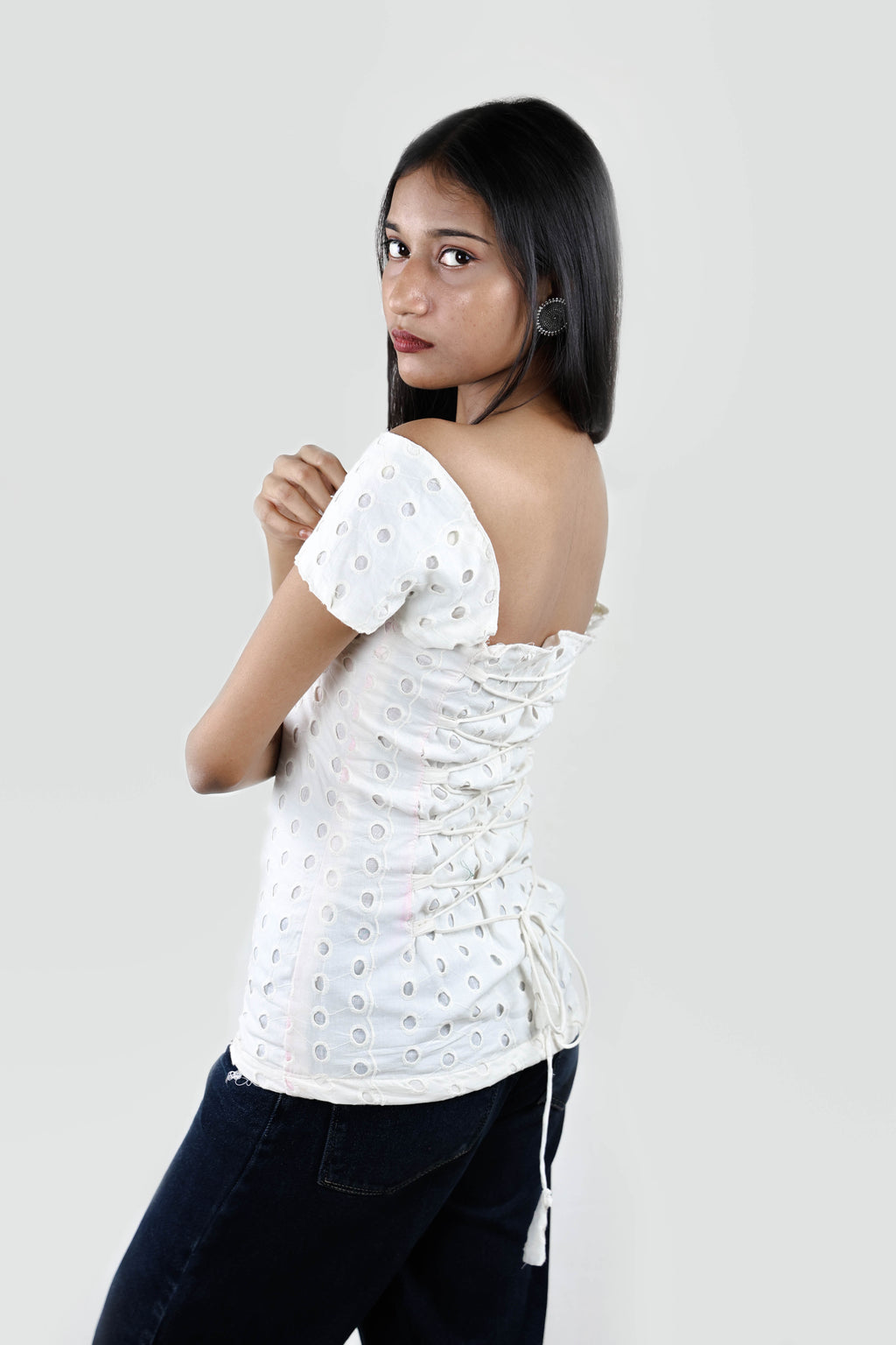 White Chic Off-Shoulder Eyelet Top”