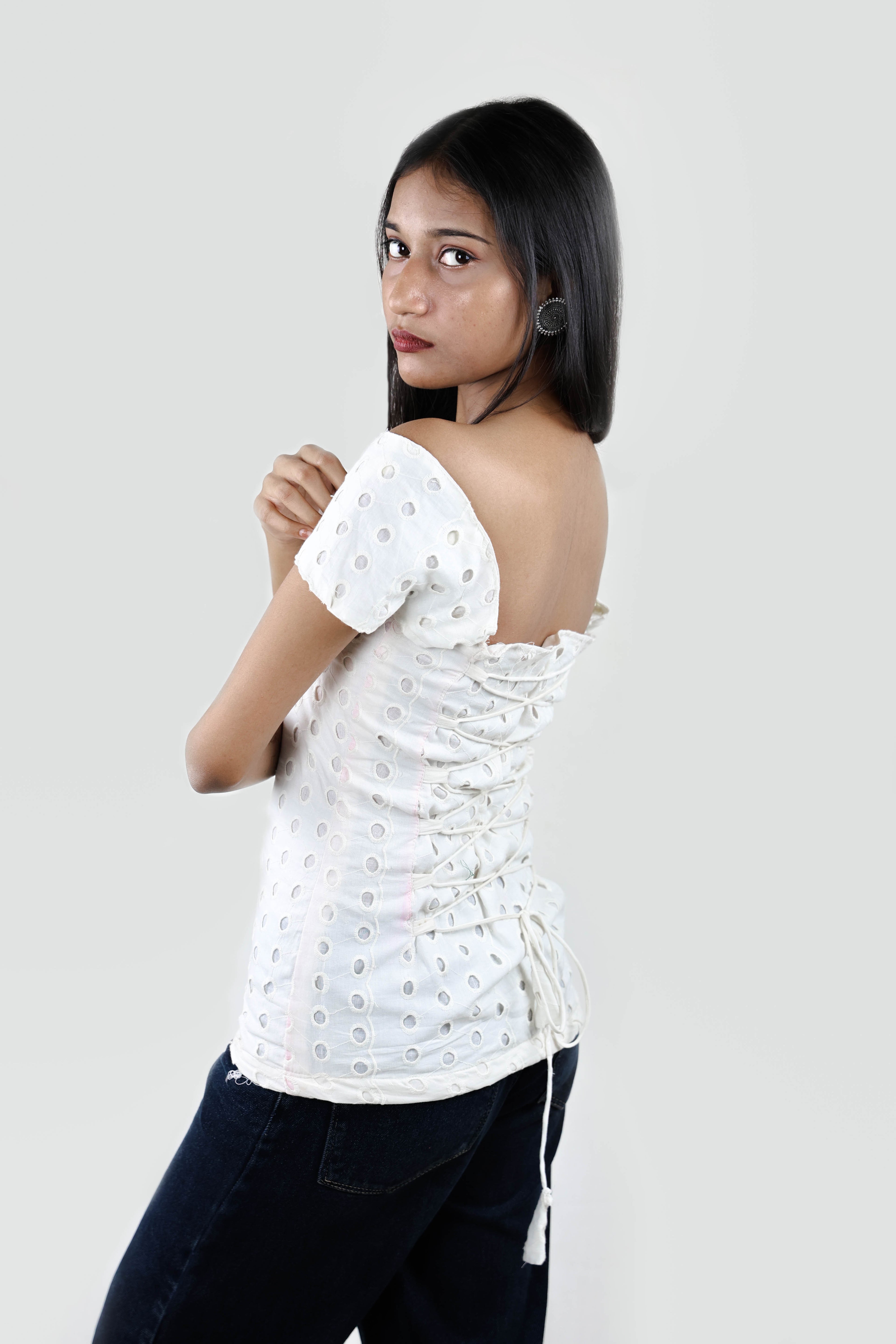 White Chic Off-Shoulder Eyelet Top”